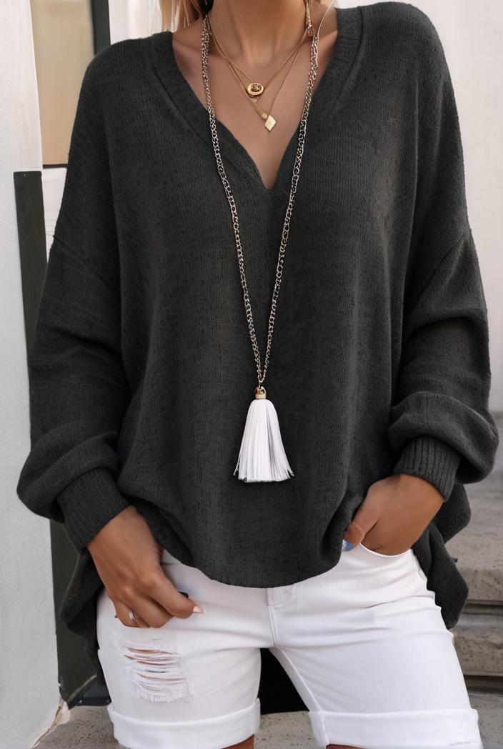 solid v neck long sleeve loose oversized t shirts 104047
