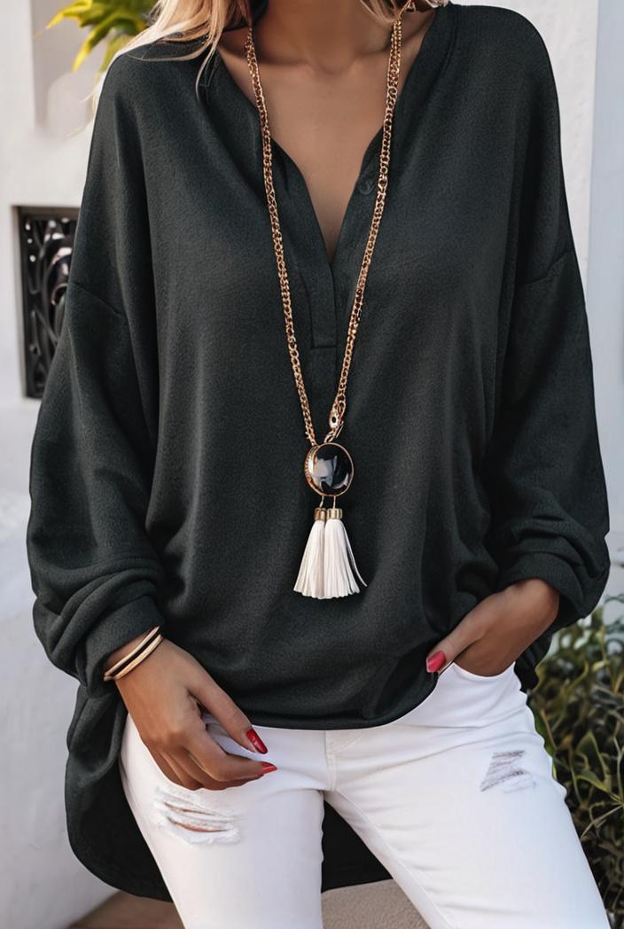 solid v neck long sleeve loose oversized t shirts 104049