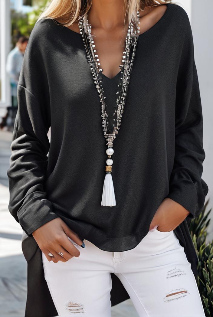 solid v neck long sleeve loose oversized t shirts 104050