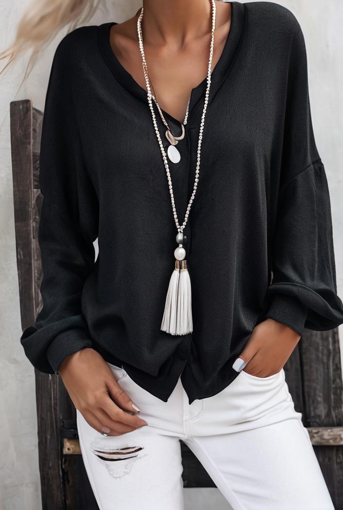 solid v neck long sleeve loose oversized t shirts 104052