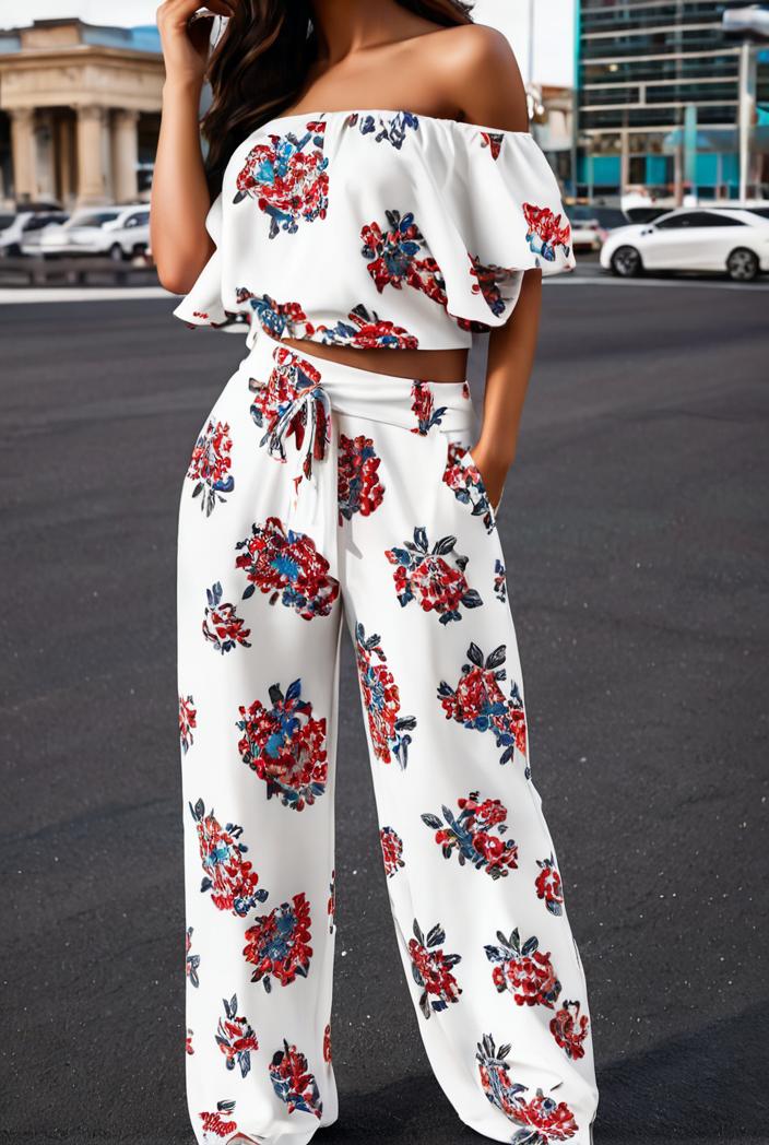 fashion print frilled off shoulder flared jumpsuit 139953
