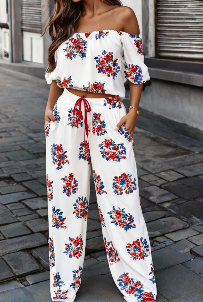 fashion print frilled off shoulder flared jumpsuit 139955