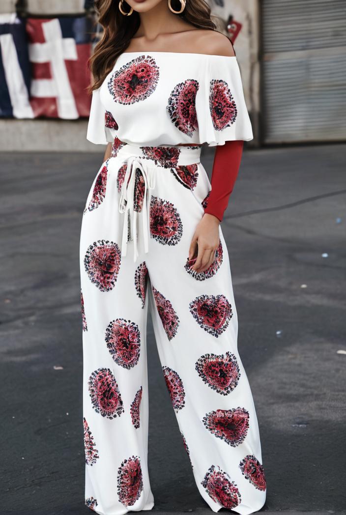 fashion print frilled off shoulder flared jumpsuit 139959