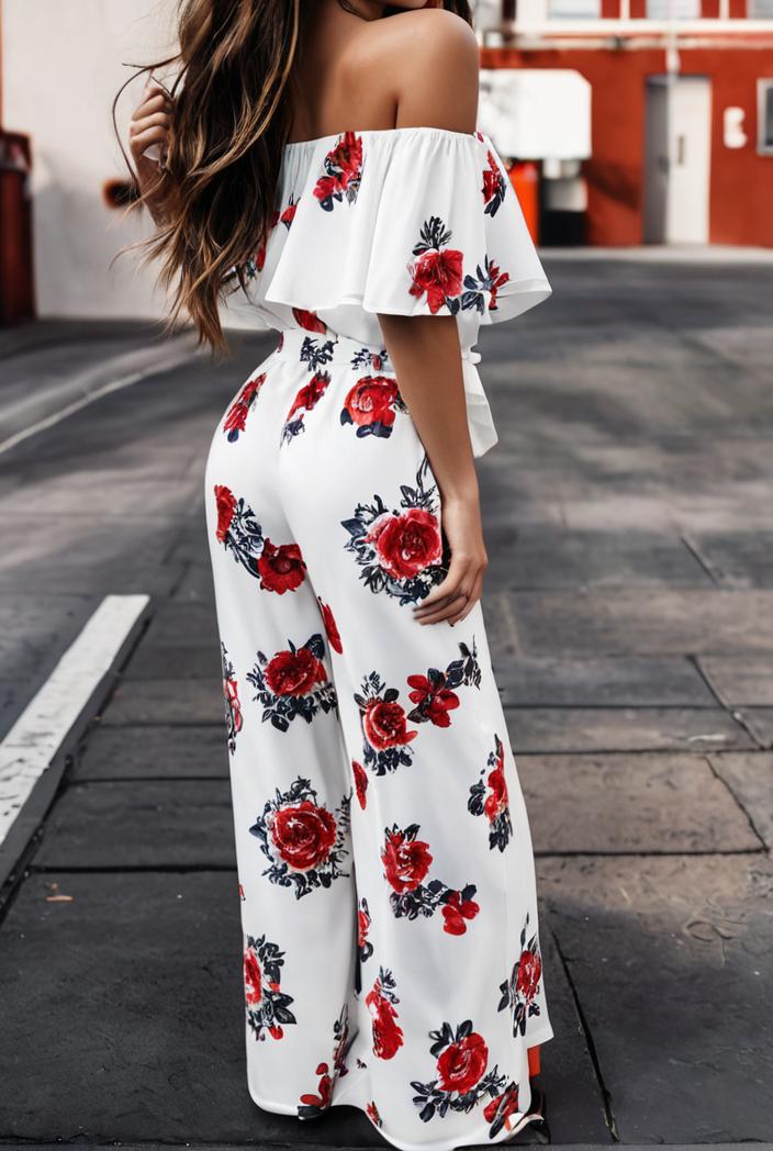 fashion print frilled off shoulder flared jumpsuit 139960