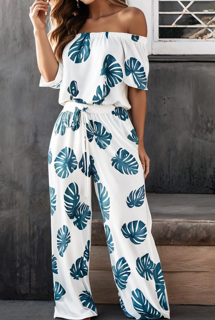 fashion print frilled off shoulder flared jumpsuit 139972