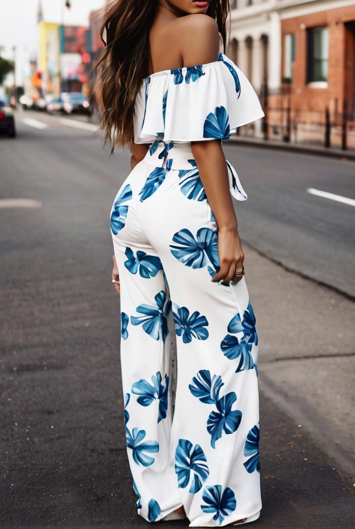 fashion print frilled off shoulder flared jumpsuit 139978