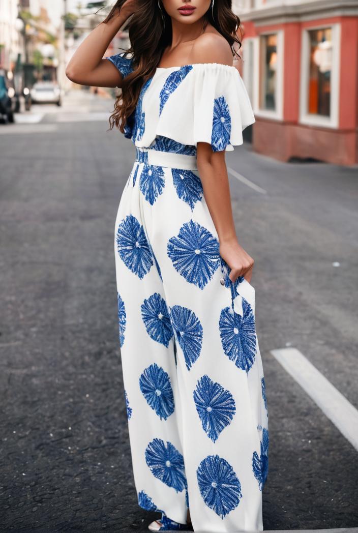 fashion print frilled off shoulder flared jumpsuit 139983