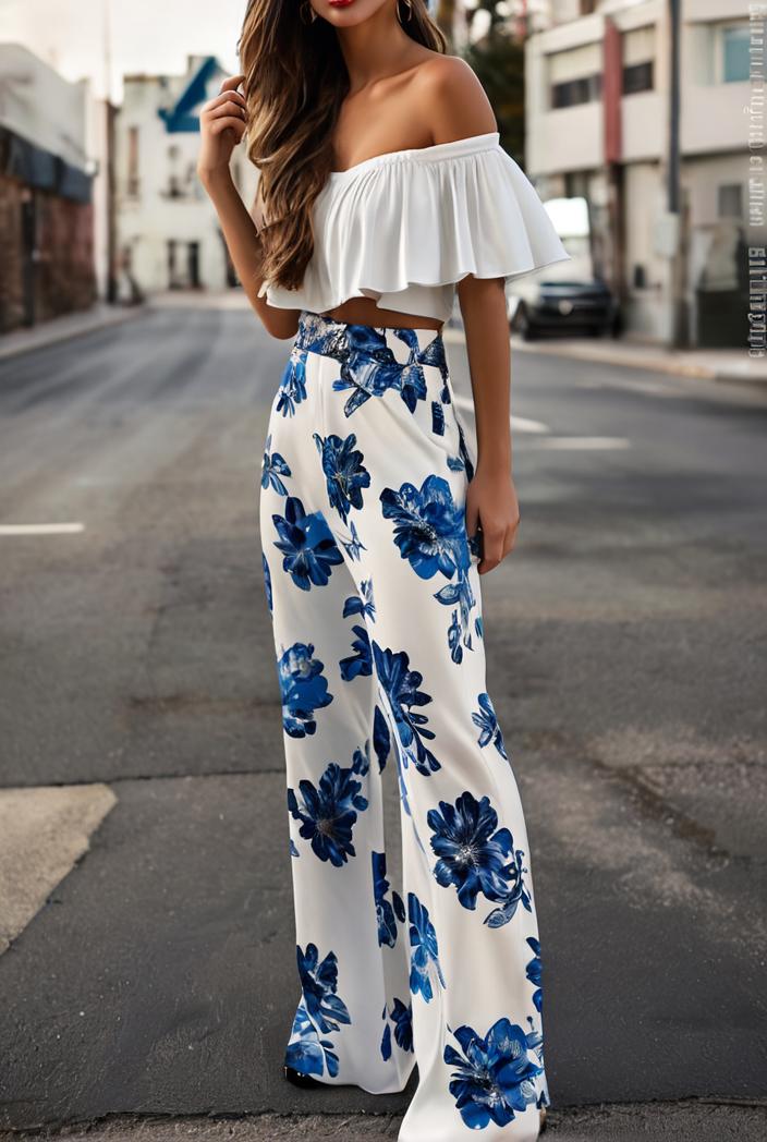 fashion print frilled off shoulder flared jumpsuit 139989