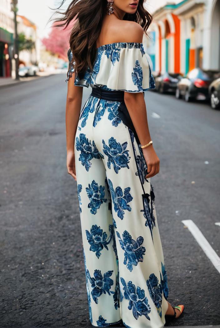 fashion print frilled off shoulder flared jumpsuit 139990