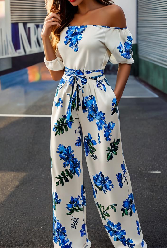fashion print frilled off shoulder flared jumpsuit 139997