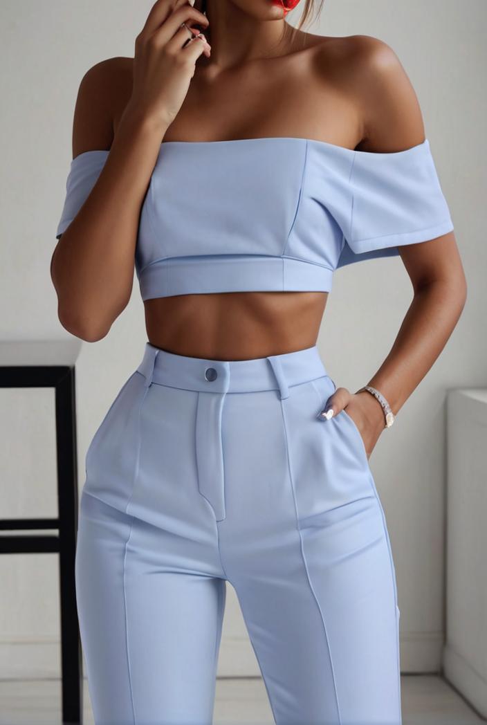 one shoulder crop top mopping pants two piece suit 103344