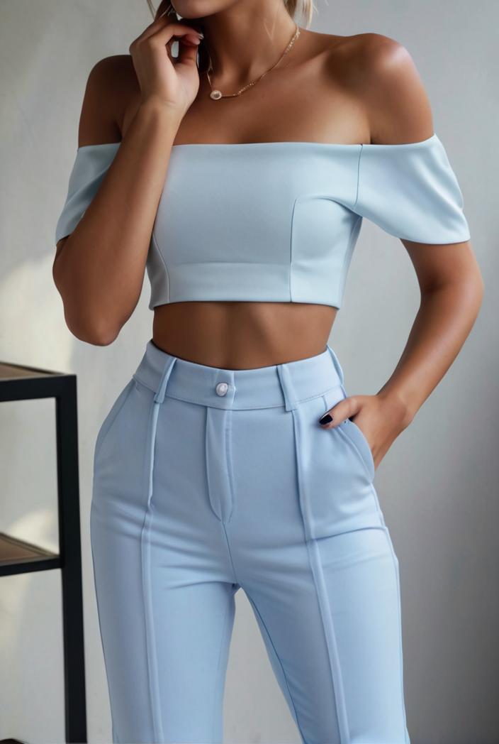 one shoulder crop top mopping pants two piece suit 103348