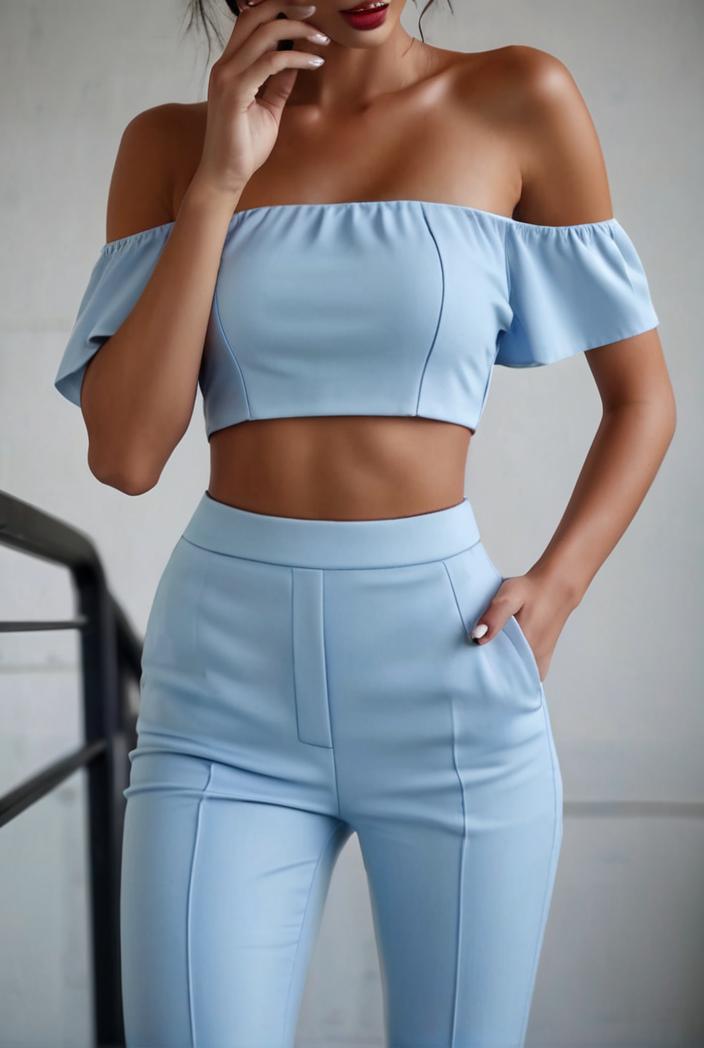 one shoulder crop top mopping pants two piece suit 103349
