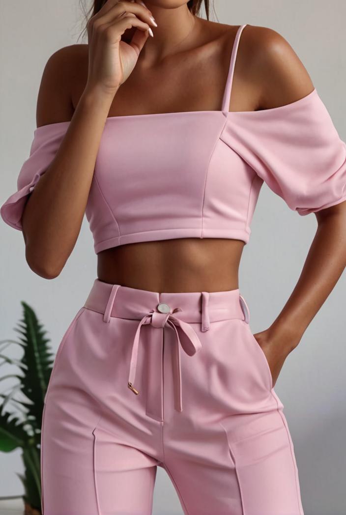 one shoulder crop top mopping pants two piece suit 103350