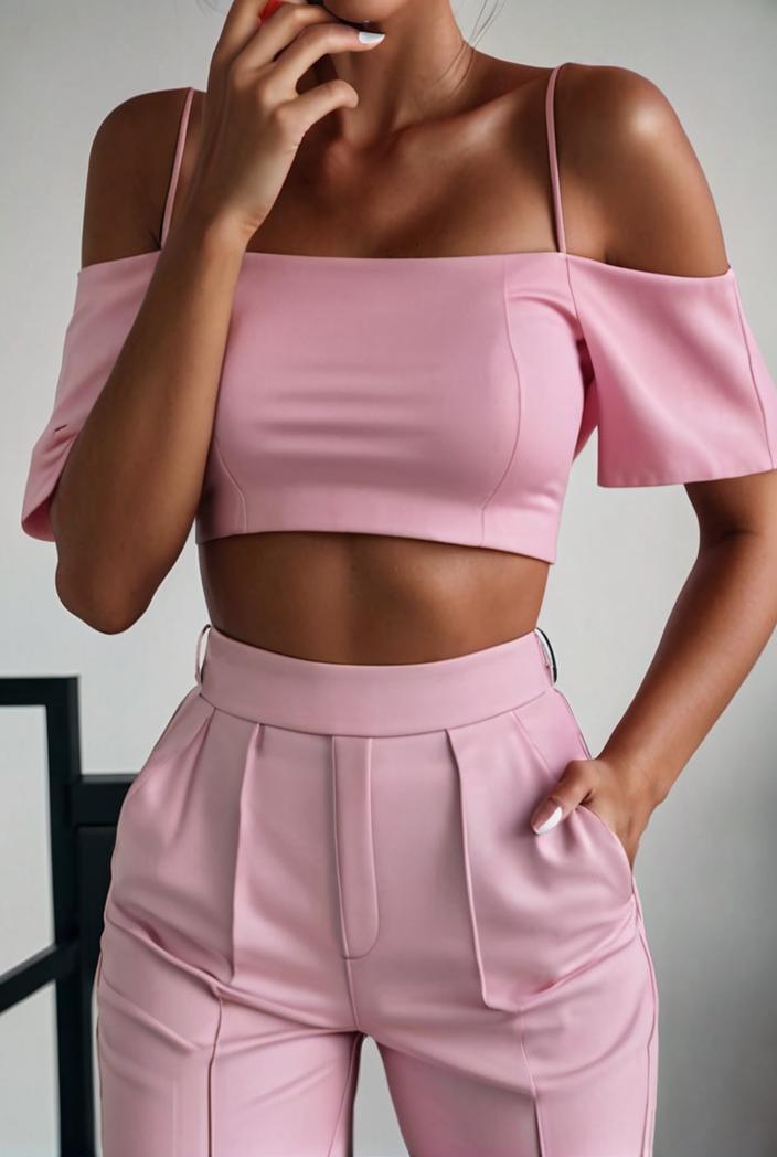 one shoulder crop top mopping pants two piece suit 103353