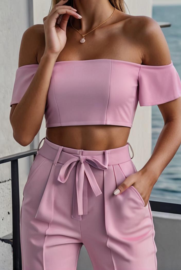 one shoulder crop top mopping pants two piece suit 103355