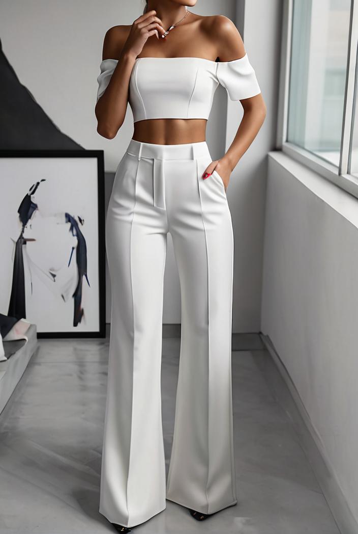 one shoulder crop top mopping pants two piece suit 103388