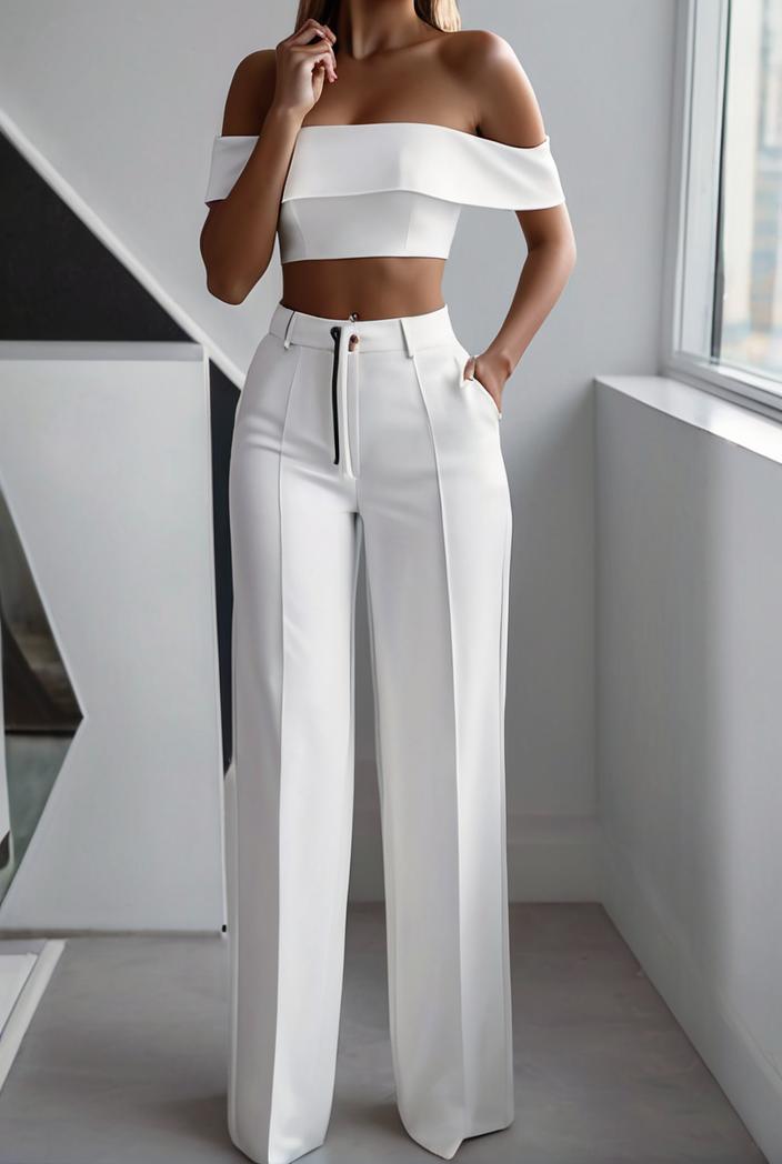 one shoulder crop top mopping pants two piece suit 103392