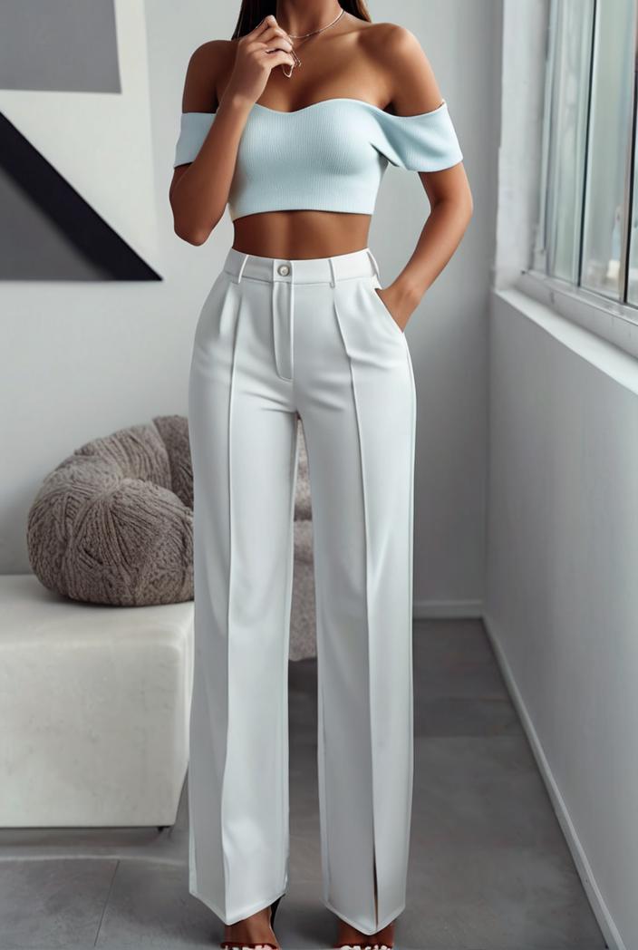 one shoulder crop top mopping pants two piece suit 103395