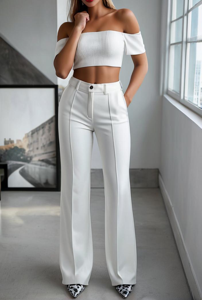 one shoulder crop top mopping pants two piece suit 103396