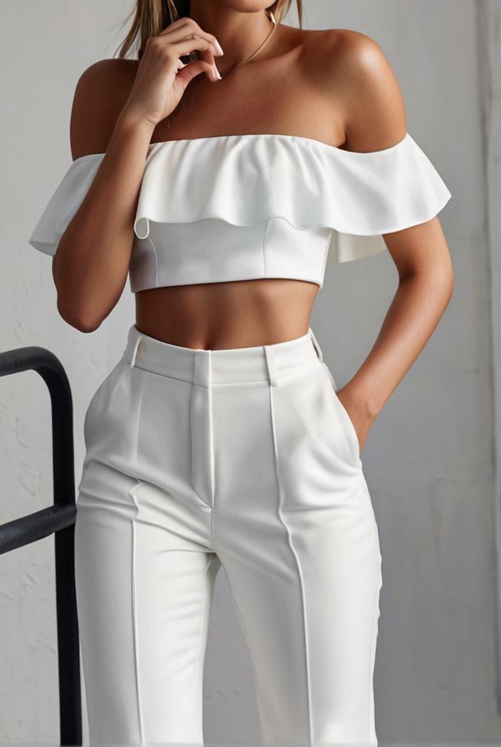 one shoulder crop top mopping pants two piece suit 103398