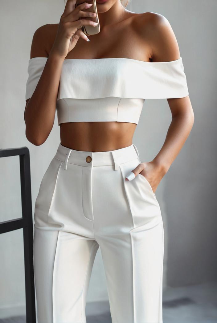 one shoulder crop top mopping pants two piece suit 103399
