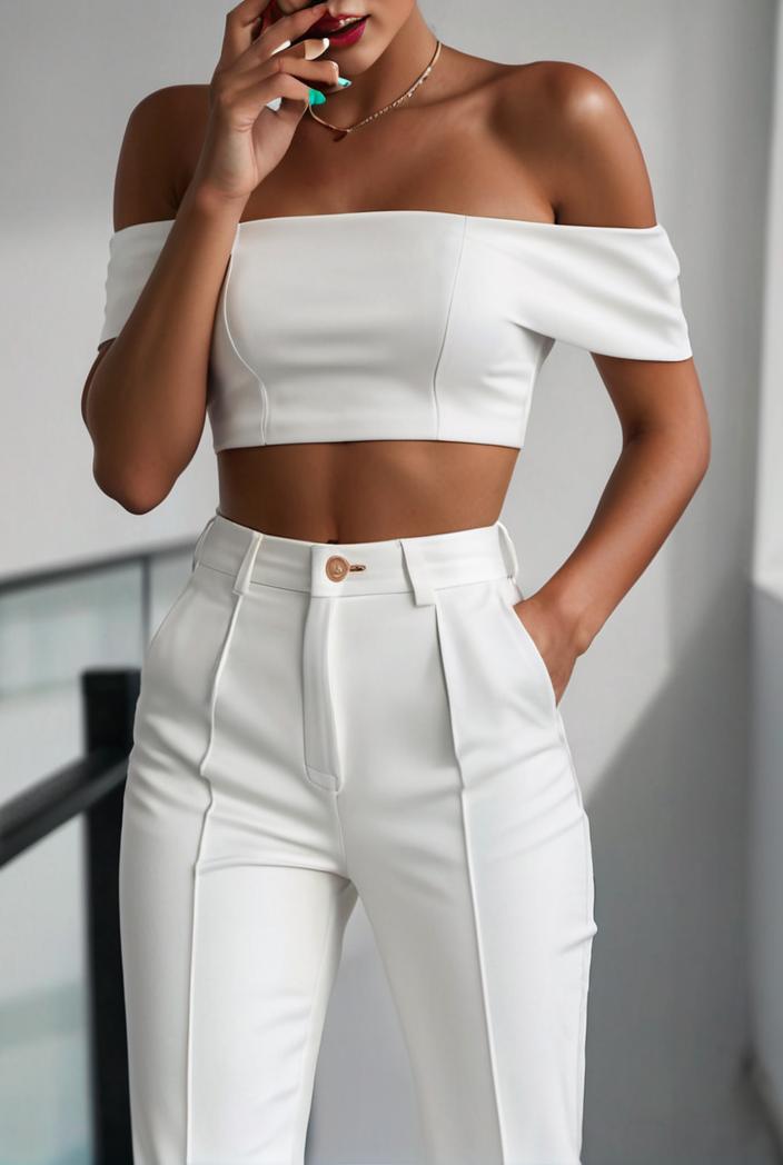one shoulder crop top mopping pants two piece suit 103401