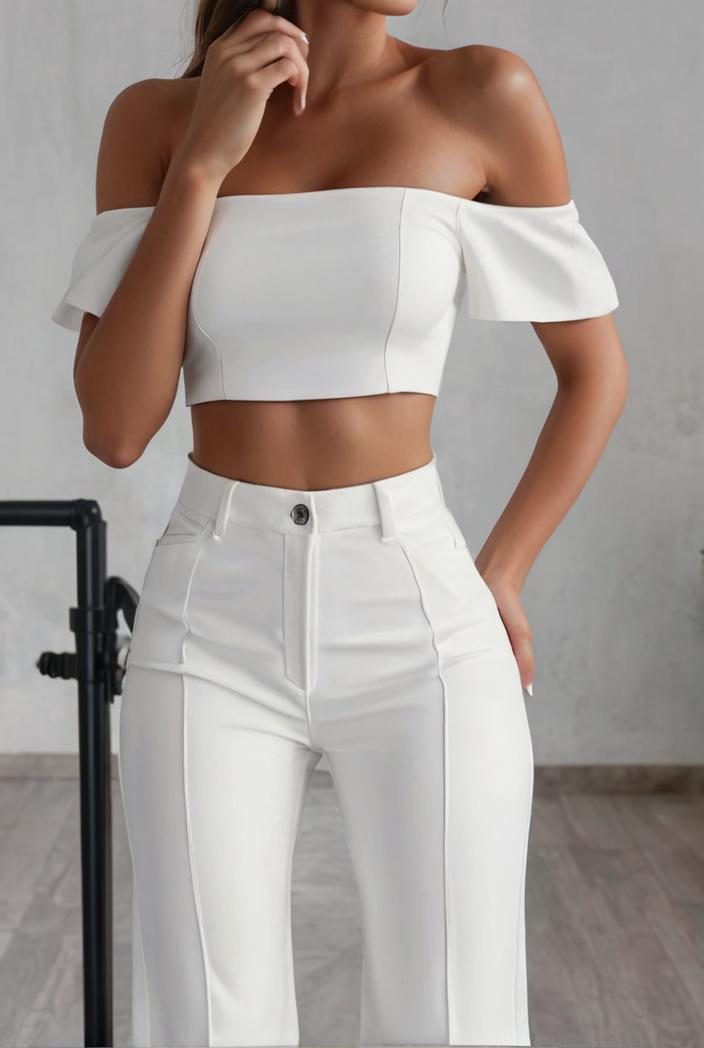 one shoulder crop top mopping pants two piece suit 103402