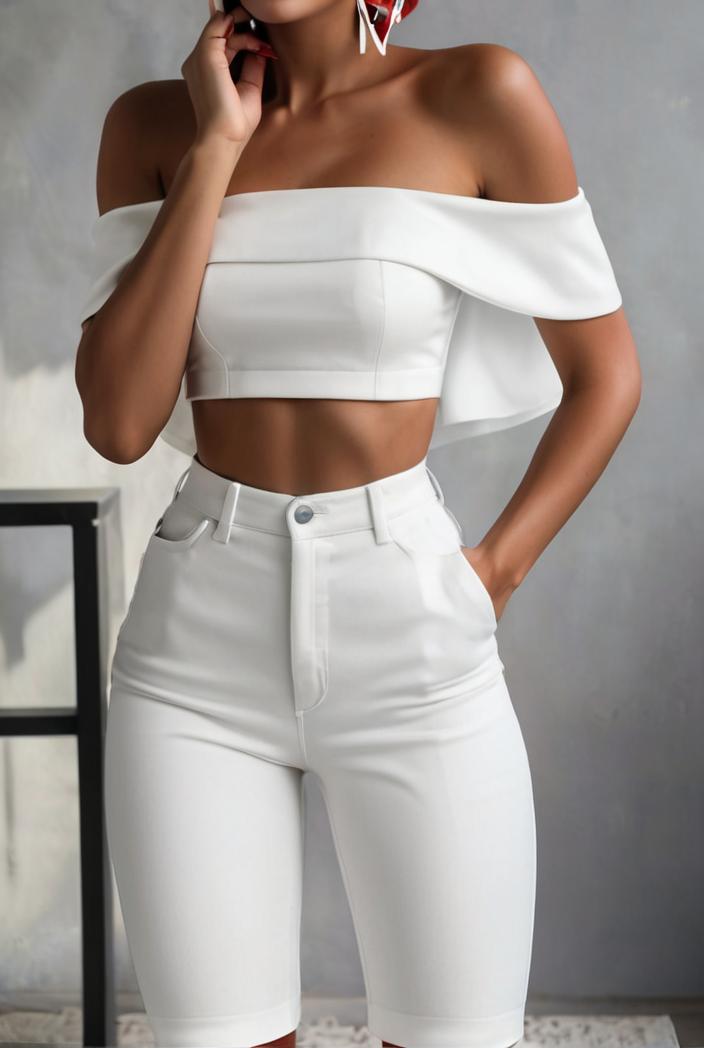 one shoulder crop top mopping pants two piece suit 103404