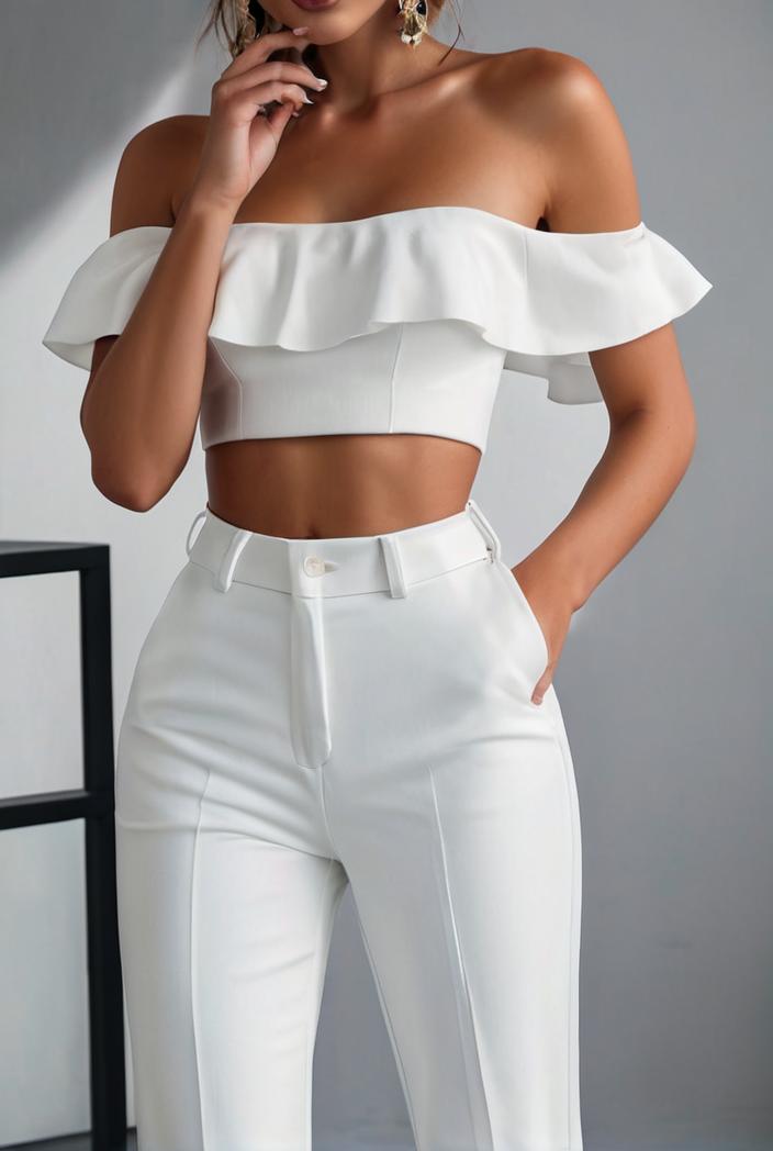 one shoulder crop top mopping pants two piece suit 103405