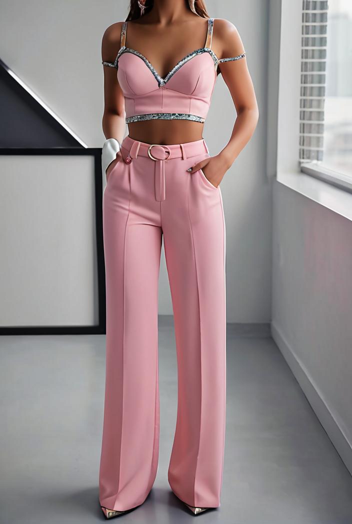 one shoulder crop top mopping pants two piece suit 103407