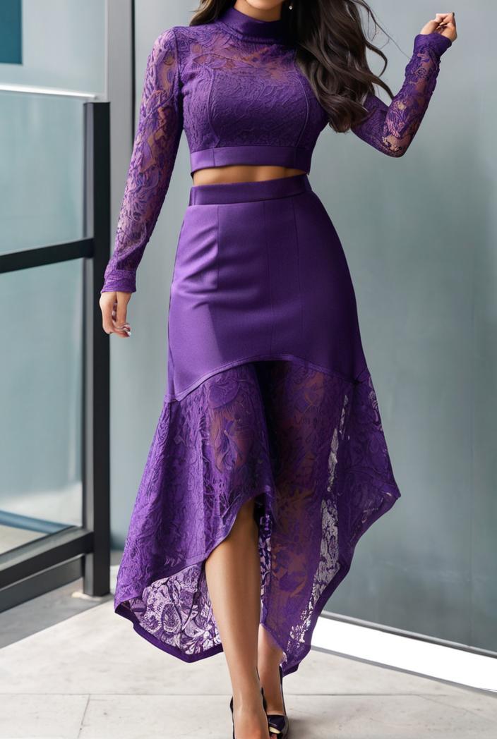 lace hollow long sleeve stand collar irregular dress 139669