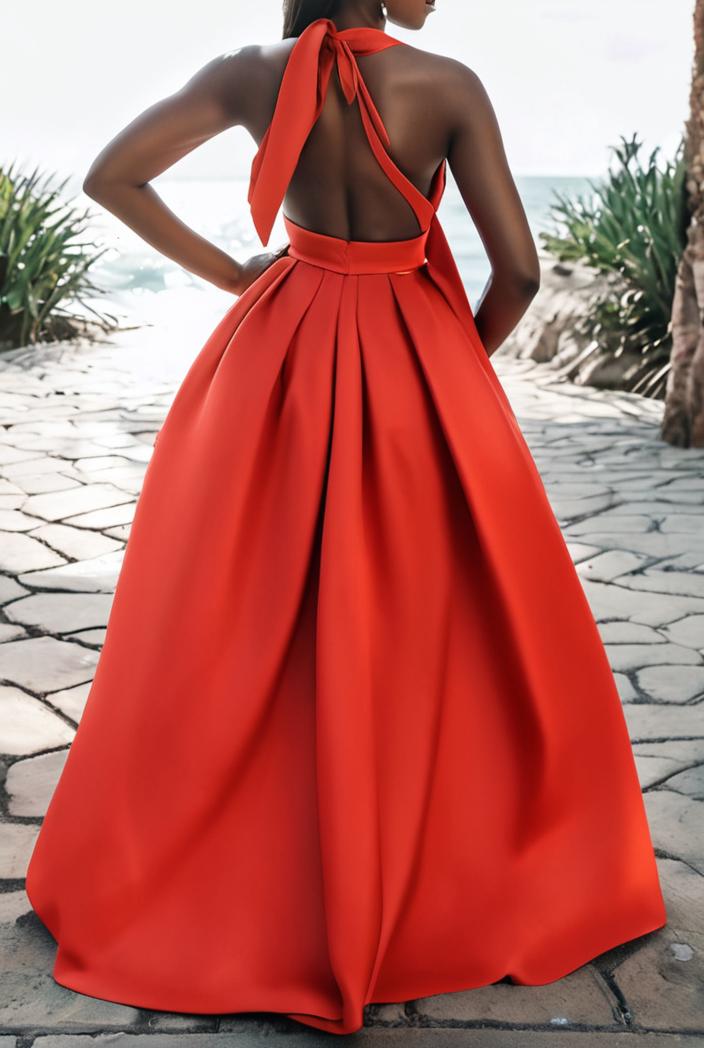 solid halter neck open back sleeveless dress 101736