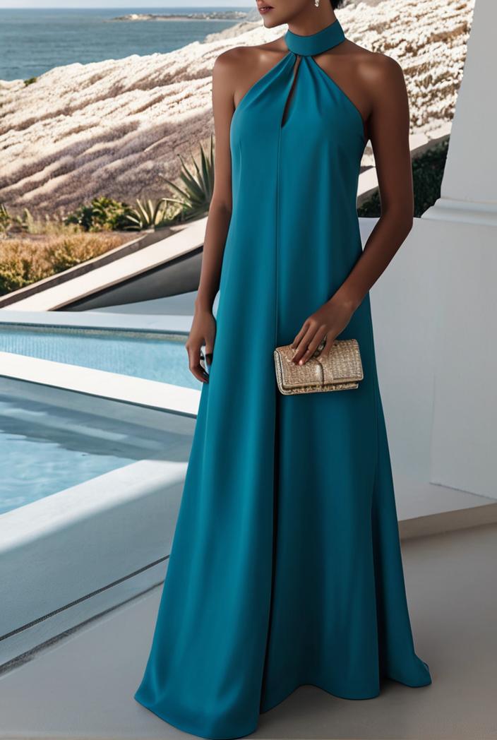 solid halter neck open back sleeveless dress 101790