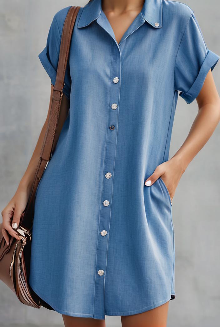 button short sleeve denim shirt dress 127514