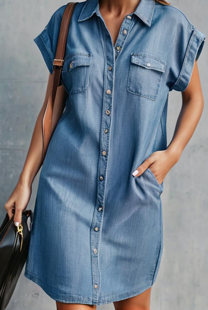 button short sleeve denim shirt dress 127516