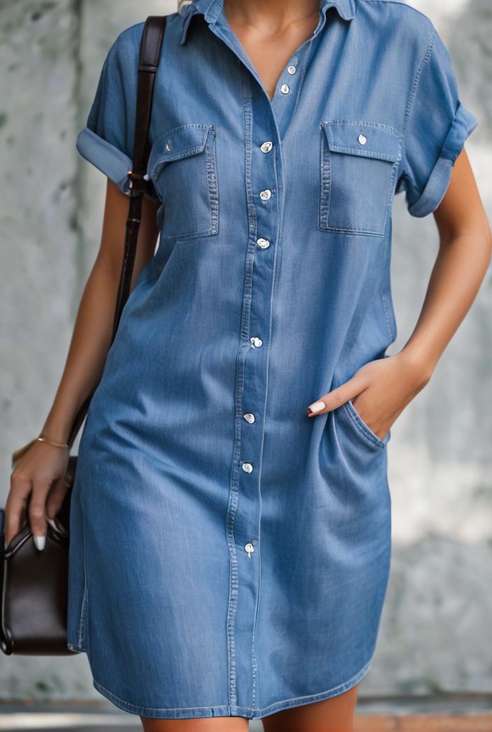 button short sleeve denim shirt dress 127515