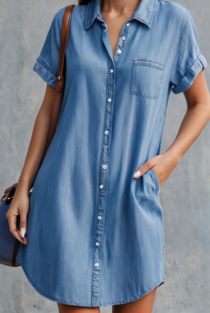 button short sleeve denim shirt dress 127519