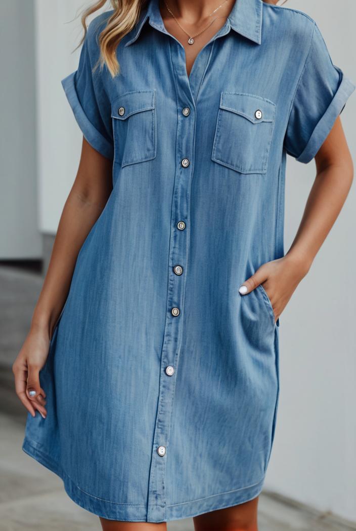 button short sleeve denim shirt dress 127521