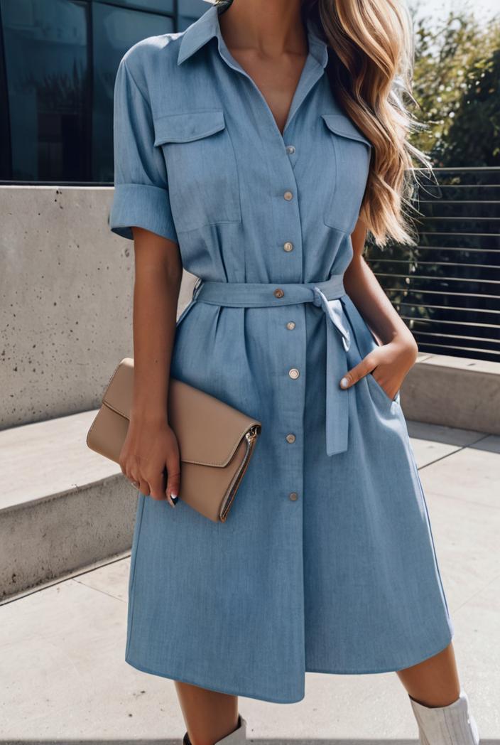 a line flap pockets rolled sleeve v neck casual lapel denim maxi dresses 119334