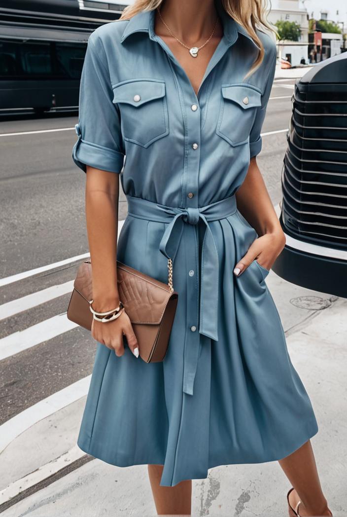 a line flap pockets rolled sleeve v neck casual lapel denim maxi dresses 119336