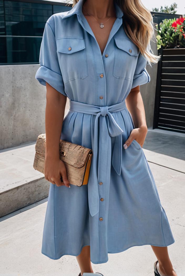 a line flap pockets rolled sleeve v neck casual lapel denim maxi dresses 119339