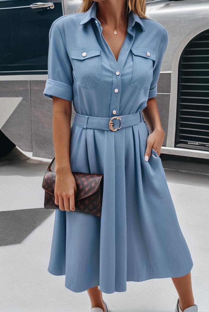 a line flap pockets rolled sleeve v neck casual lapel denim maxi dresses 119340