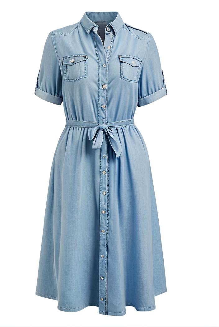 a line flap pockets rolled sleeve v neck casual lapel denim maxi dresses 119350