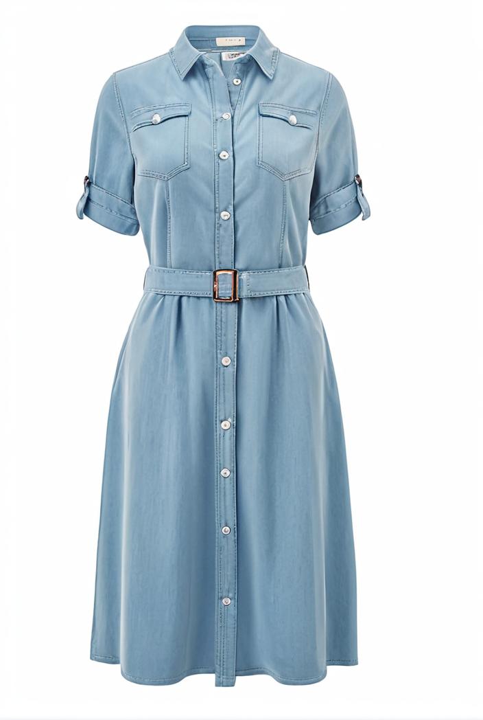 a line flap pockets rolled sleeve v neck casual lapel denim maxi dresses 119353