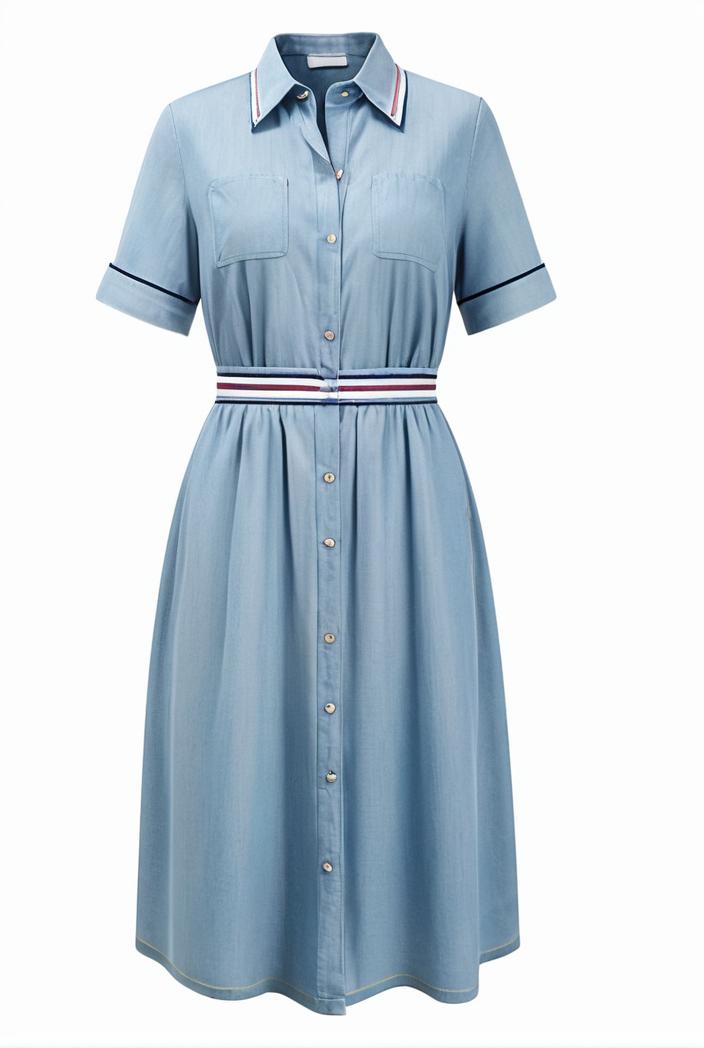 a line flap pockets rolled sleeve v neck casual lapel denim maxi dresses 119352
