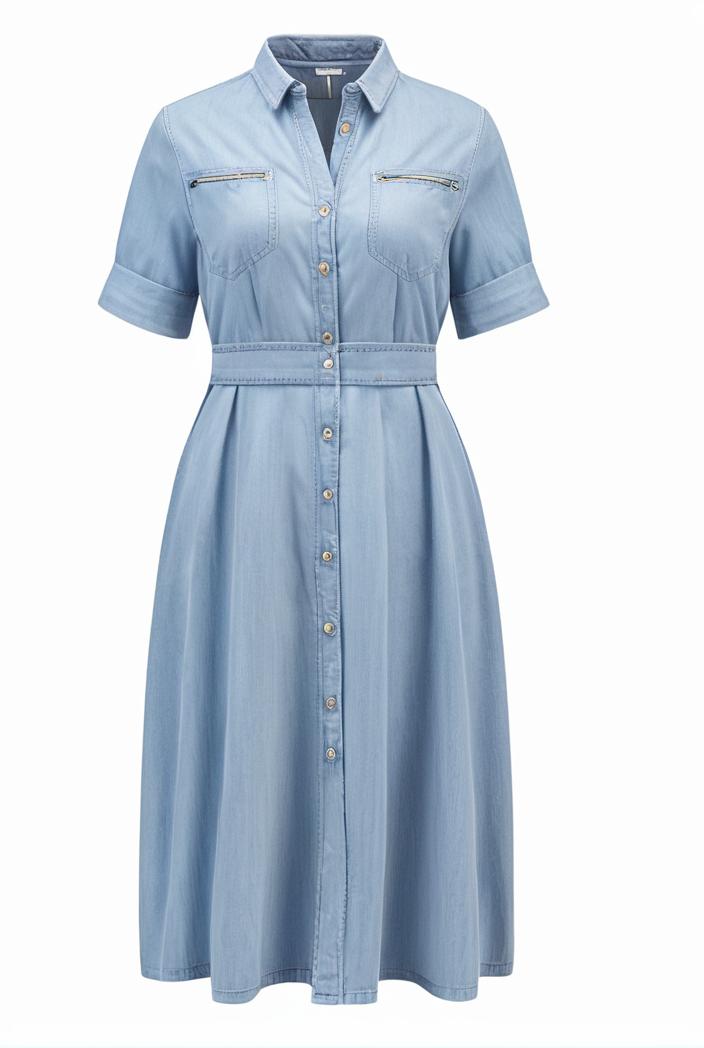 a line flap pockets rolled sleeve v neck casual lapel denim maxi dresses 119357