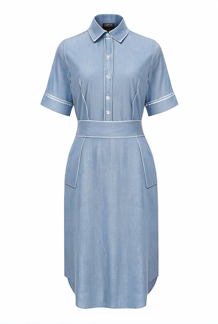 a line flap pockets rolled sleeve v neck casual lapel denim maxi dresses 119362