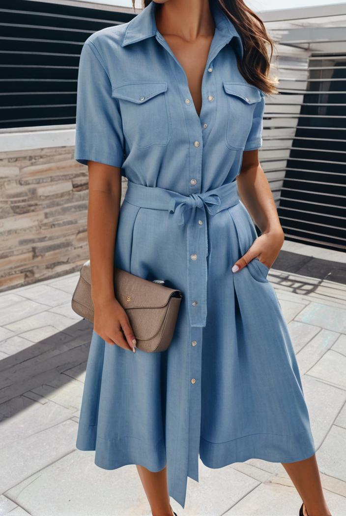 a line flap pockets rolled sleeve v neck casual lapel denim maxi dresses 105569
