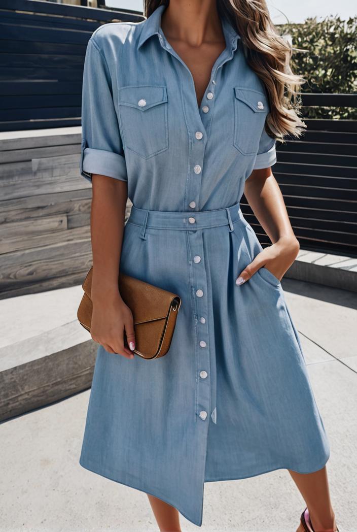 a line flap pockets rolled sleeve v neck casual lapel denim maxi dresses 105572